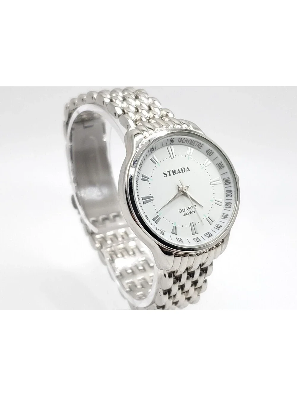 Strada Quartz Womens Watch New Battery Silver Tone Tachymetre White Dial 32mm